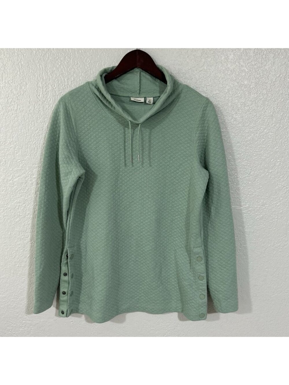 LL Bean Soflight Quilted Sweatshirt Womens S Olive Green Funnel Neck Pullover